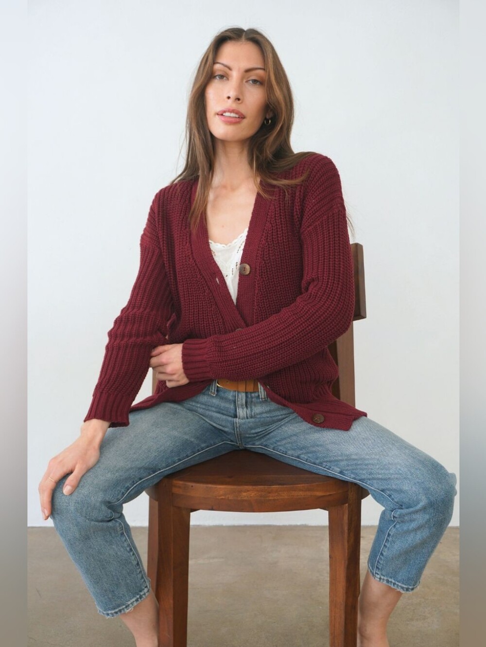 Paneros Emily Cardigan in Burgundy - Sustainable Hand-Knit Cotton Sweater XS NWT